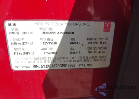 2016 Tesla Model X 60D/70D/75D/90D z USA, uszkodzony, nr VIN 5YJXCAE20GF015955